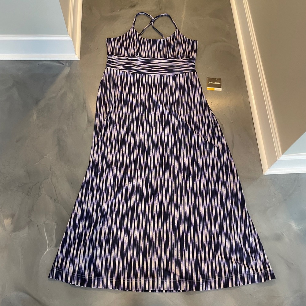 Eddie Bauer Aster‎ Indigo Maxi Dress XL Purple Ikat FreeDry Cross Back NWT